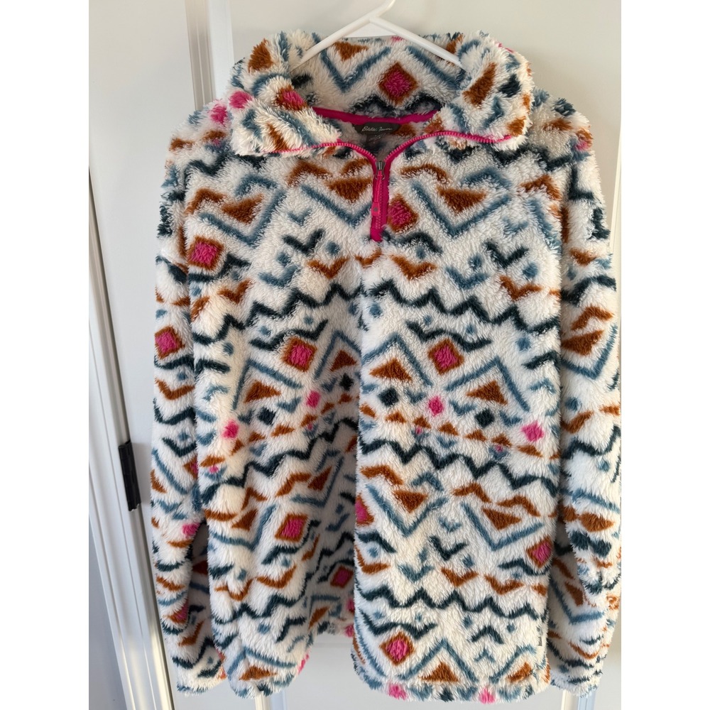Eddie Bauer Womens Large Sherpa Fleece Quarter Zip Geometric Southwestern Print
